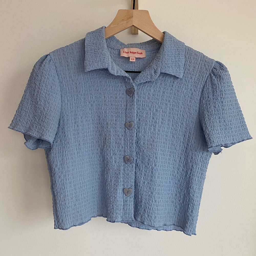 LISA SAYS GAH ♥︎ Heart Buttons ♥︎ Sabrina Top — Blue, XS